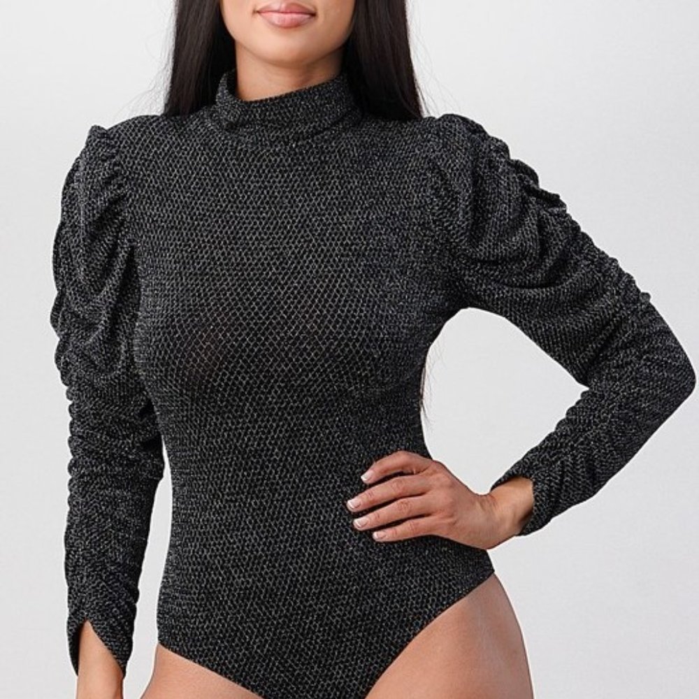 Gorgeous Mock Neck Runch Puff Sleeve Bodysuit